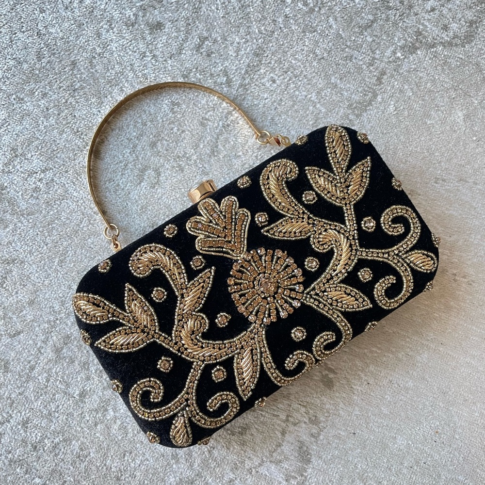 Pakistani Indian Black and Gold Beaded Clutch Handbag